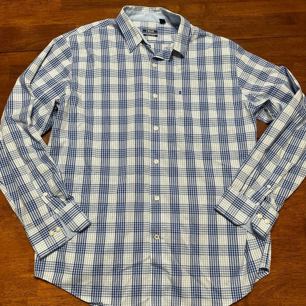 Izod Shirt Mens Large Non-Iron Stretch Blue White Plaid Long Sleeve Cotton